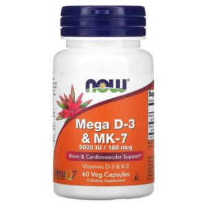 NOW Foods Mega D3 MK7 180 µg (5000 UI) - 60 capsules végétariennes