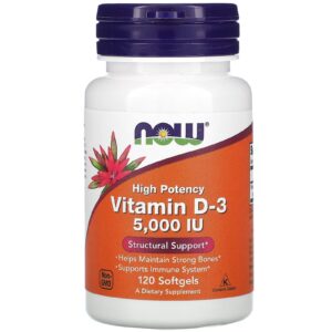 NOW Foods Vitamine D3 125 µg (5000 UI) - 120 capsules à enveloppe molle